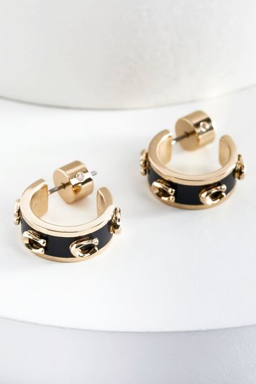 COACH Gold Tone Signature Enamel Hoops Earrings