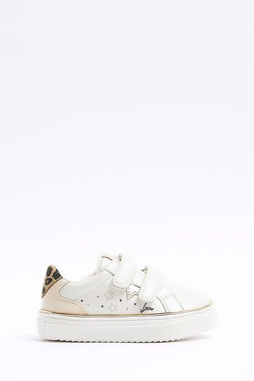 River Island White Chrome Girls Graffiti Leopard Trainers