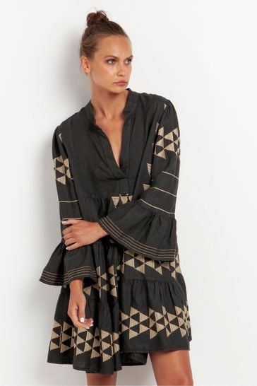 Buy Greek Archaic Kori Linen Mini Dress with Bell Bottom Sleeves