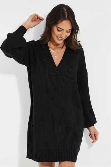 Threadbare Black V-Neck Knitted Jumper Dress