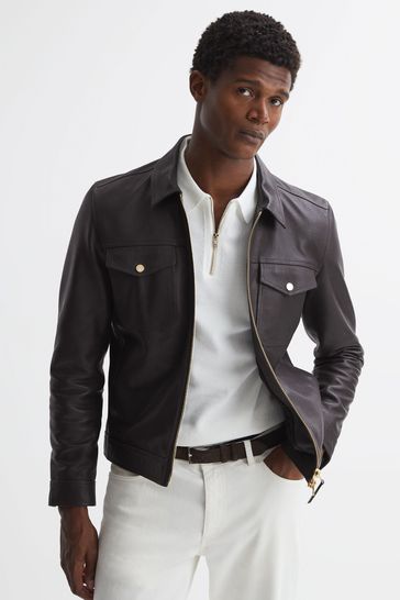 Reiss Chocolate Carp Leather Zip Through Jacket