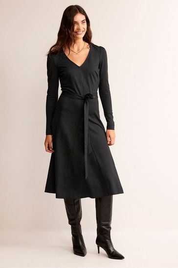 Boden Black Bella Ponte V-Neck Midi Dress