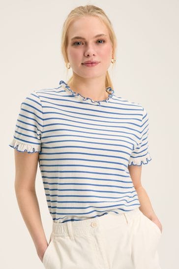 Joules Daisy Cream & Blue Short Sleeve Frilled Neck Top
