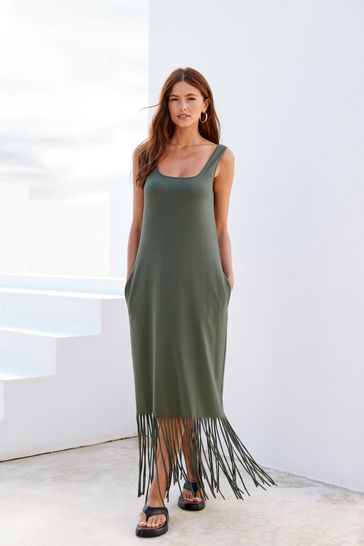 Khaki Green Fringe Summer Midi Dress