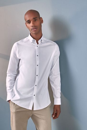 White Regular Fit Single Cuff Non-Iron Egyptian Cotton Stretch Oxford Signature Shirt
