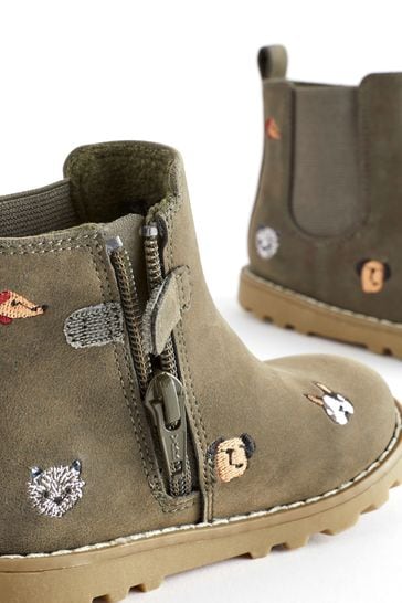 Buy Khaki Green Embroidered Character Zip Fastening Boots from