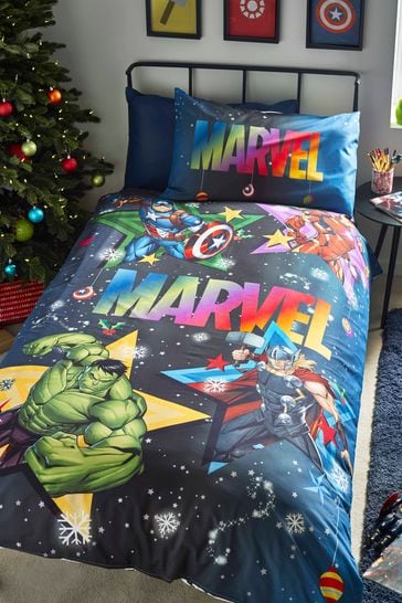 Marvel Christmas Blue Reversible 100% Cotton Duvet Cover And Pillowcase Set