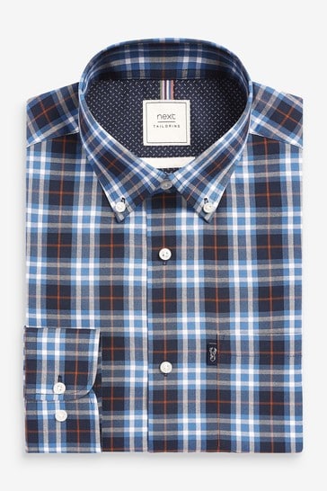 Navy Blue Check Regular Fit Single Cuff Easy Iron Button Down Oxford Shirt