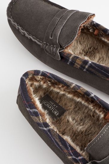 Buy Grey Luxury Signature Suede Moccasin Slippers from Next USA