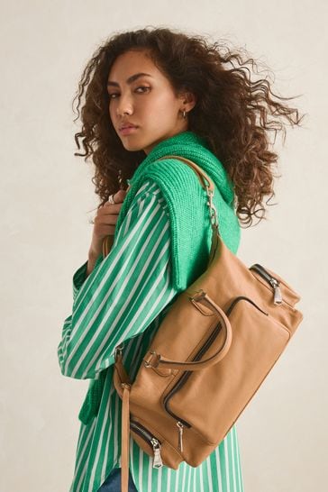 Tan Brown Leather Pocket Zip Grab Bag