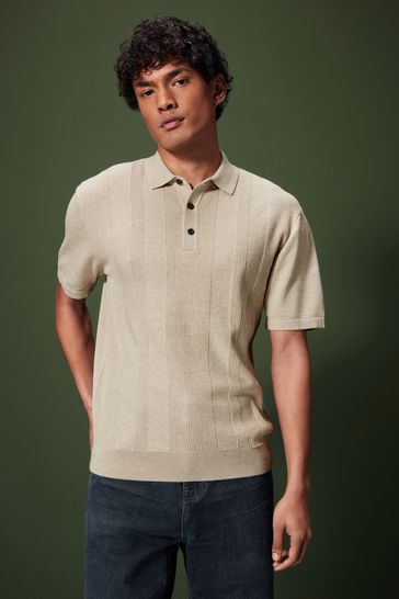 Neutral Knitted Regular Fit Textured Stripe Polo Shirt