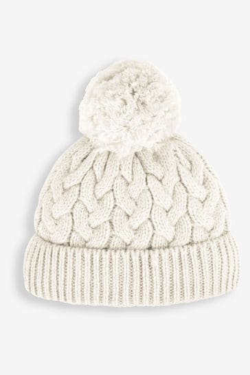 JoJo Maman Bébé Cream Girls' Chunky Cable Knit Pom Pom Hat