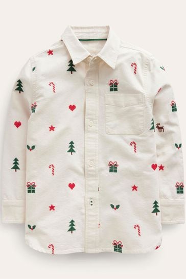 Boden Cream Christmas Embroidered Oxford Shirt