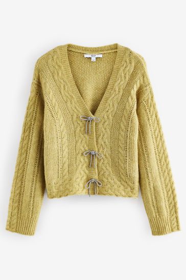 Buy Yellow Sparkle Bow Button Cable Knitted Cardigan from Next Bahrain