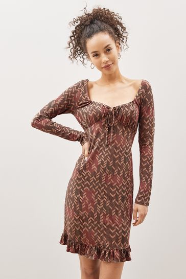 Tan Brown Geo Long Sleeve Ruffle Hem Mini Dress