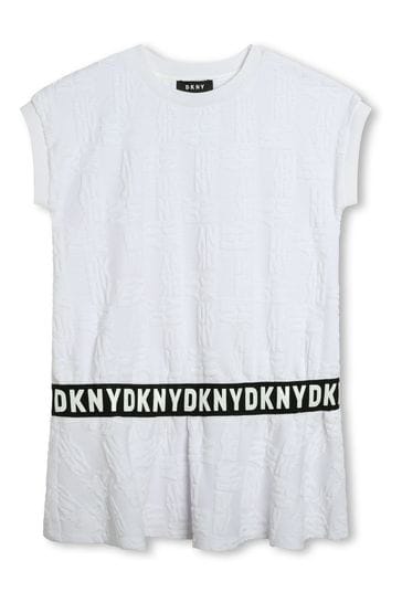 DKNY Oversized Dropped Hem Logo Embossed White T-Shirt Dress