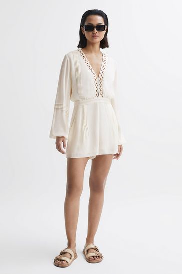 Reiss Cream Rachelle Long Sleeve Lattice Playsuit