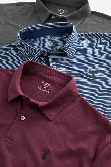 Navy Blue Stripe/Burgundy Red/Grey Jersey Polo Shirts 3 Pack