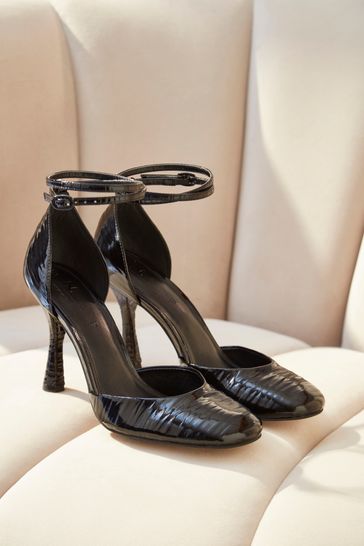 Black Premium Leather Closed Round Toe Heel Shoes
