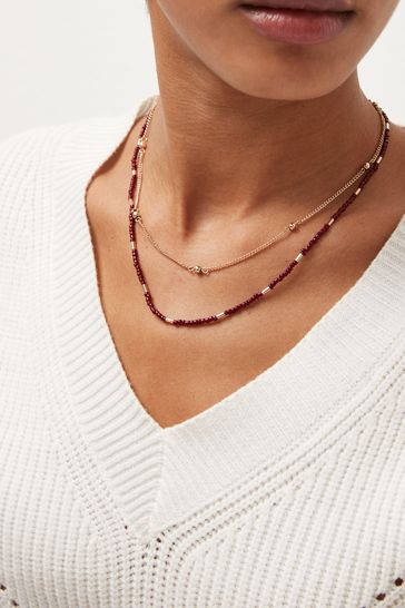 Red Bead and Gold Tone Chain Necklace Pack