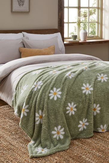 Sage Green Daisy Fleece Throw