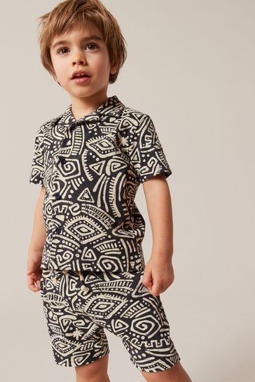 Black/White Short Sleeve Pattern Shirt and Shorts Set (3mths-7yrs)