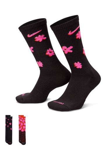 Nike Black Dri-FIT Everyday Plus Flower Power Cushioned Crew Socks 2 Pack
