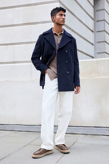 Buy Navy Blue Soft Touch Pea Coat with Wool from Next Turkey
