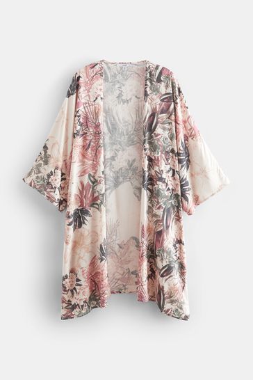 Blush Pink Placement Floral Longline Kimono Cover Up