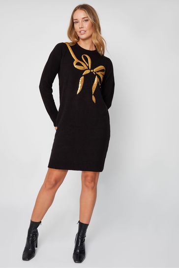 Buy Threadbare Black Crew Neck Knitted Christmas Jumper Dress from