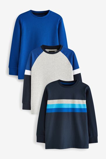 Blue/Grey Marl Long Sleeve Colourblock T-Shirts 3 Pack (3-16yrs)