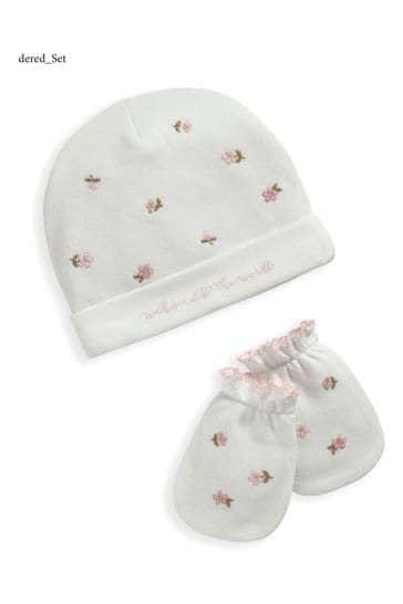 Mamas & Papas Hat & Mitten White Embroidered Set