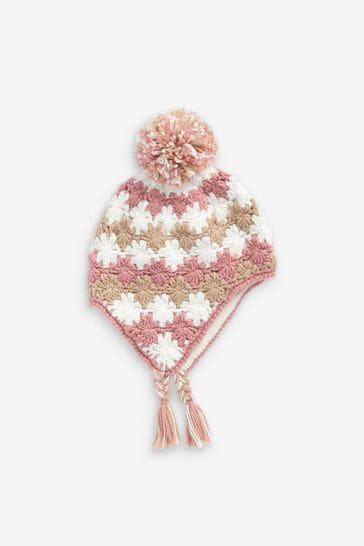 Neutral/Blush Pink Crochet Trapper Hat (3mths-13yrs)