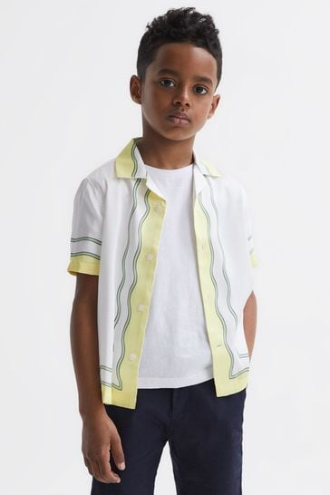 Reiss Ecru Sorento Junior Printed Cuban Collar Short Sleeve Shirt