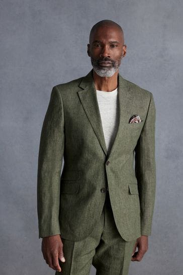 Olive Green Slim Fit Signature Leomaster Linen Suit: Jacket