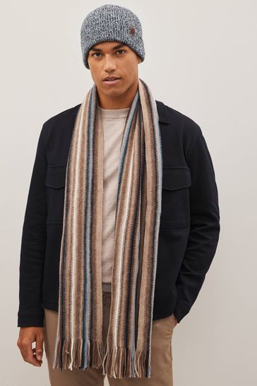 Neutral/Blue Stripe Knitted Scarf