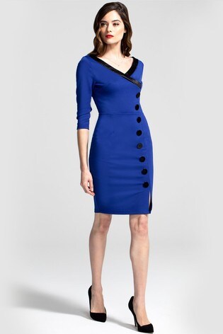 Hotsquash Blue 50's Silky Trimmed Button Wiggle Dress