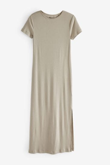Buy Stone Grey Ribbed T Shirt Style Column Maxi Dress With Slit Detail from the Next UK online shop
