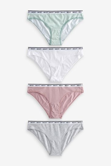 White/Grey/Pink/Light Green Bikini Cotton Rich Logo Knickers 4 Pack