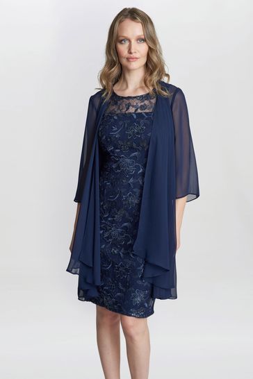 Gina Bacconi lue Hayley Embroidered Dress With Matching Chiffon Jacket