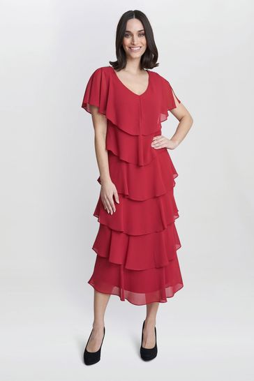 Gina Bacconi Rebecca Midi Tiered Dress With Shoulder Trim