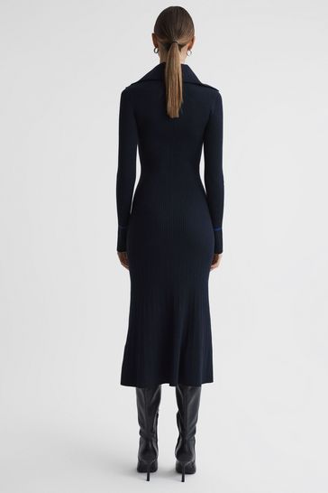 Reiss Navy Blue Millie Knitted Ribbed Midi Dress