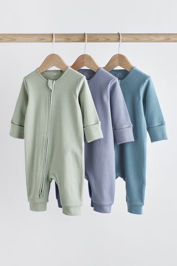 Blue / Grey Baby Plain Footless Zipped Sleepsuits 3 Pack (0-3yrs)