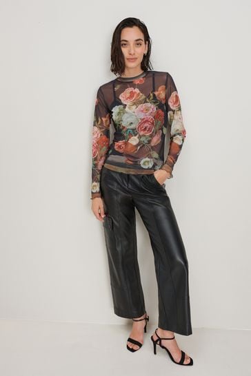 Buy Black Floral Long Sleeve Mesh Top from Next Ireland