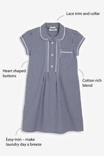 Navy Cotton Rich Button Front Lace Gingham School Dress 3 14yrs