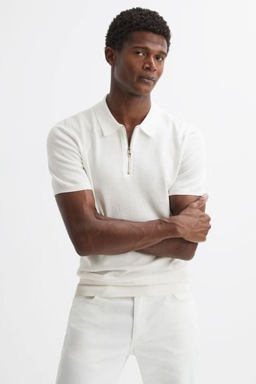 Reiss White Fizz Knitted Half-Zip Polo T-Shirt