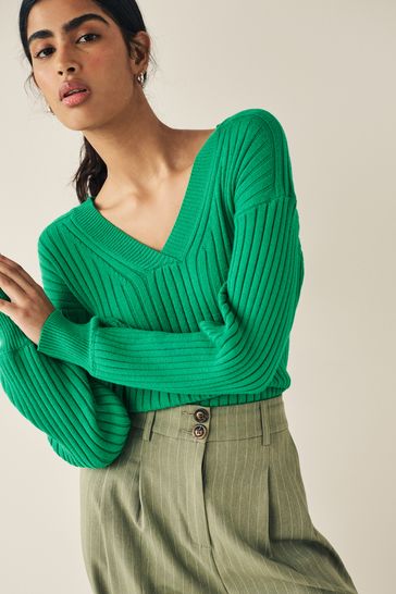 Green Ribbed V Neck Jumper