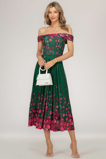 Buy Jolie Moi Green Oliana Mesh Bardot Neckline Dress from Next