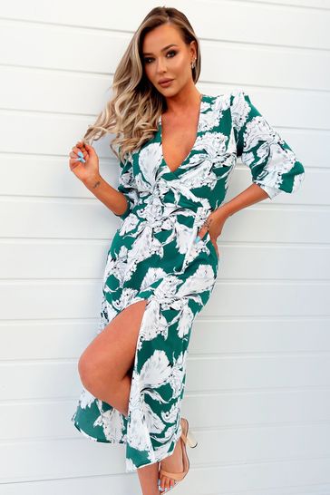 Buy AX Paris Green Floral Print Cuffed Sleeve Wrap top Midi Dress