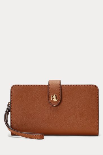 Lauren Ralph Lauren Tan Brown Crosshatch Leather Tech Wristlet Bag